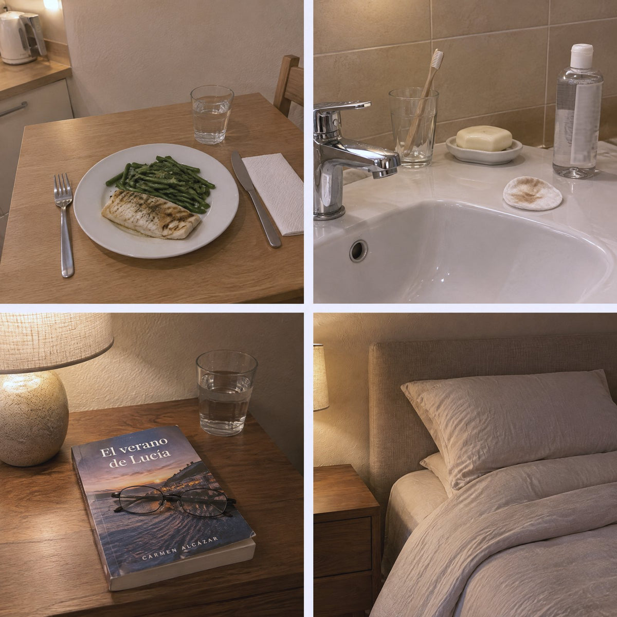 Cuatro fotos en cuadrícula: una cena de merluza con judías verdes y un vaso de agua, un lavabo con un algodón de desmaquillar usado, un libro con unas gafas encima junto a una lámpara, y una cama con las almohadas apiladas