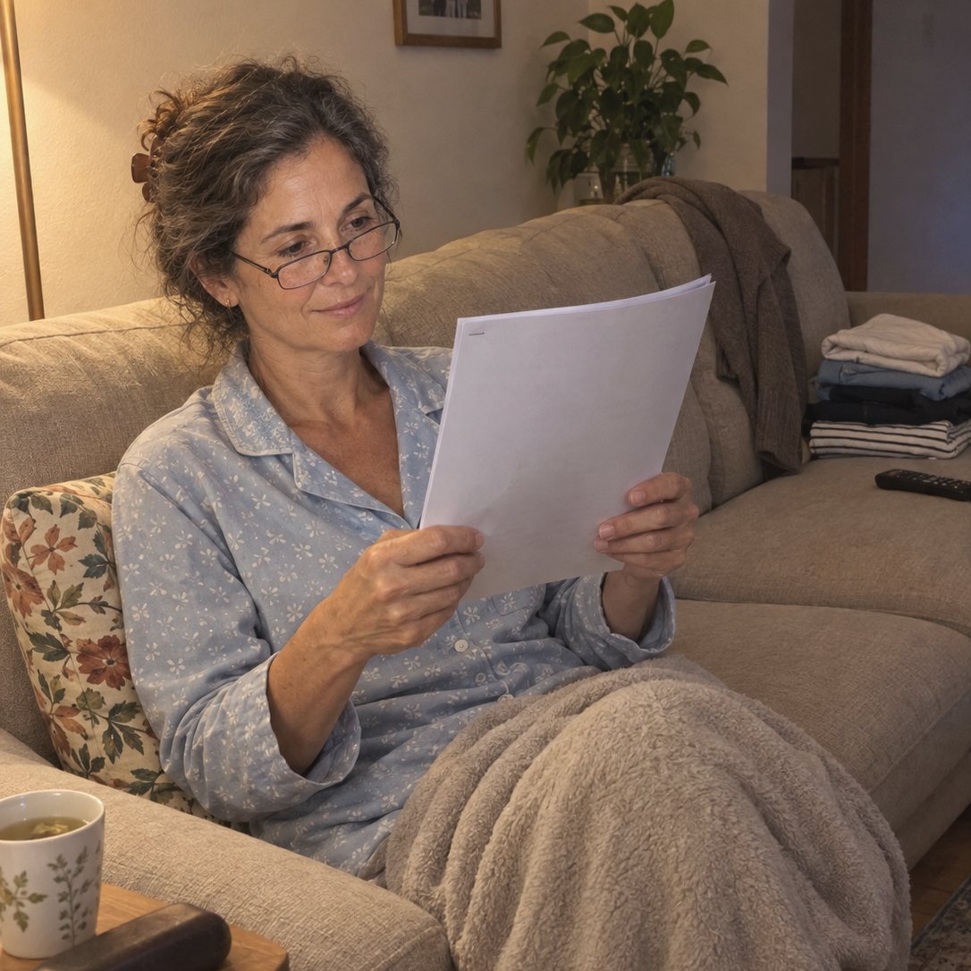 Mujer de unos 50 en pijama azul, sentada en el sofá de su salón por la noche, lee unas hojas con sus gafas y media sonrisa; al lado, una taza de té