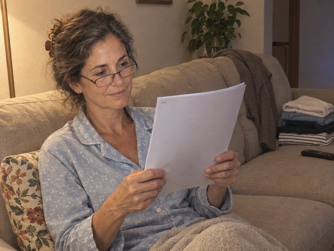 Mujer de unos 50 en pijama azul, sentada en el sofá de su salón por la noche, lee unas hojas con sus gafas y media sonrisa