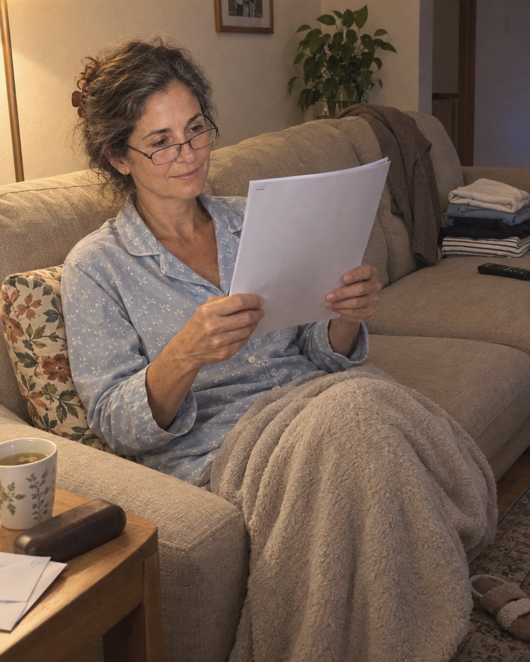 Mujer de unos 50 en pijama azul, sentada en el sofá de su salón por la noche, lee unas hojas con sus gafas y media sonrisa; al lado, una taza de té