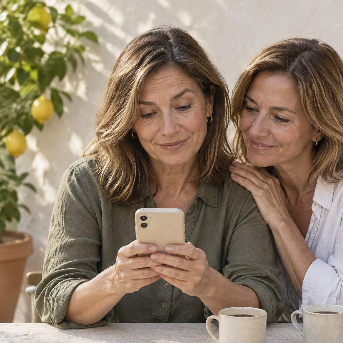 Dos amigas de unos 50 miran sonriendo el móvil de una de ellas en una terraza con un limonero, con dos tazas de café en la mesa