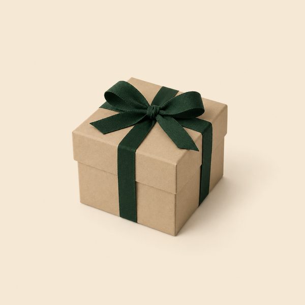 Caja de regalo de cartón cerrada con un lazo verde