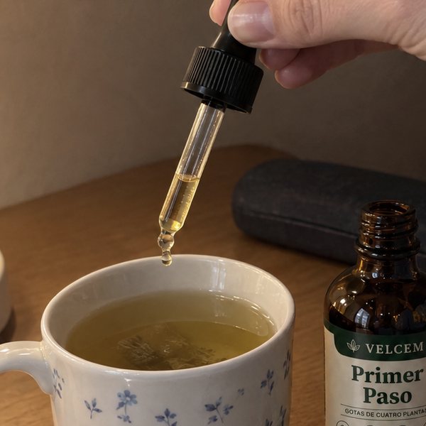 Una gota cae del cuentagotas en una taza de té de florecitas azules; a la derecha, el frasco de VELCEM Gotas Primer Paso