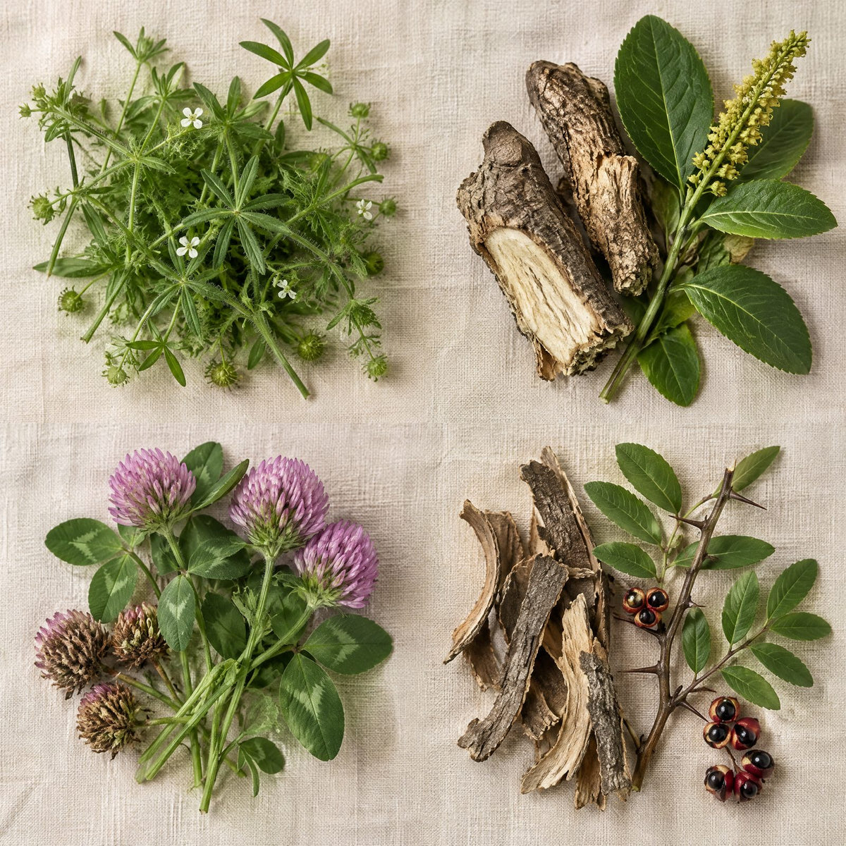 Las cuatro plantas de VELCEM sobre lino: galio, raíz de stillingia, trébol rojo y corteza de fresno espinoso