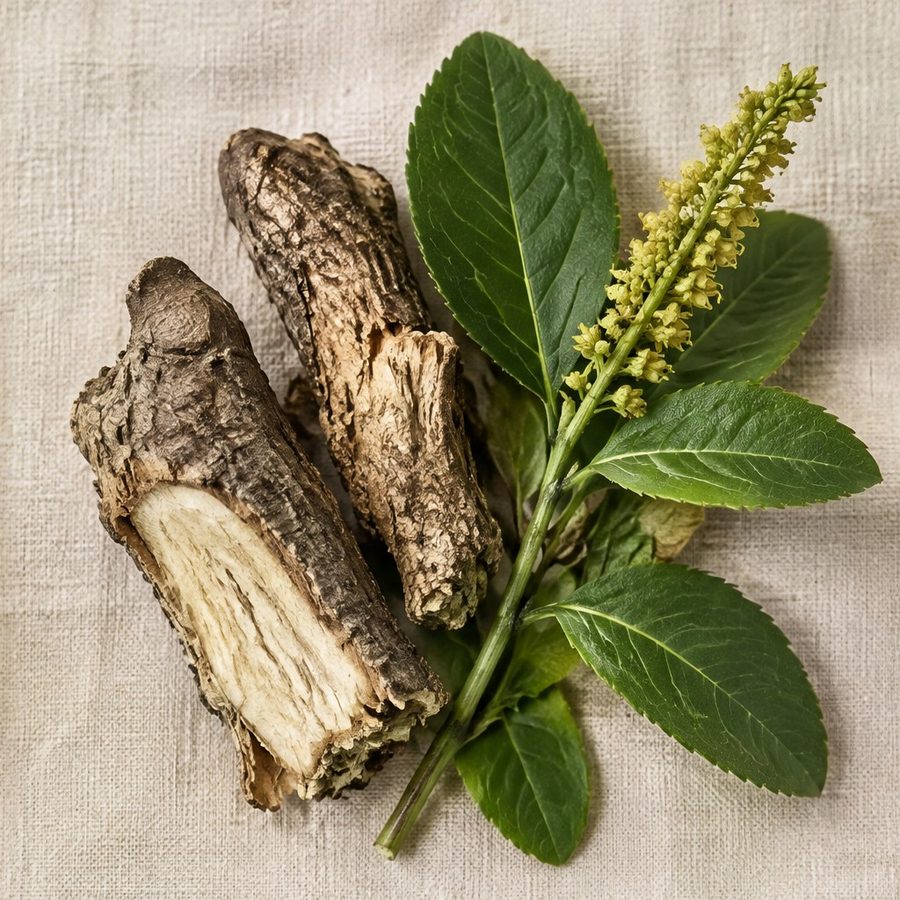 Trozos de raíz de stillingia con sus hojas y una espiga de flor