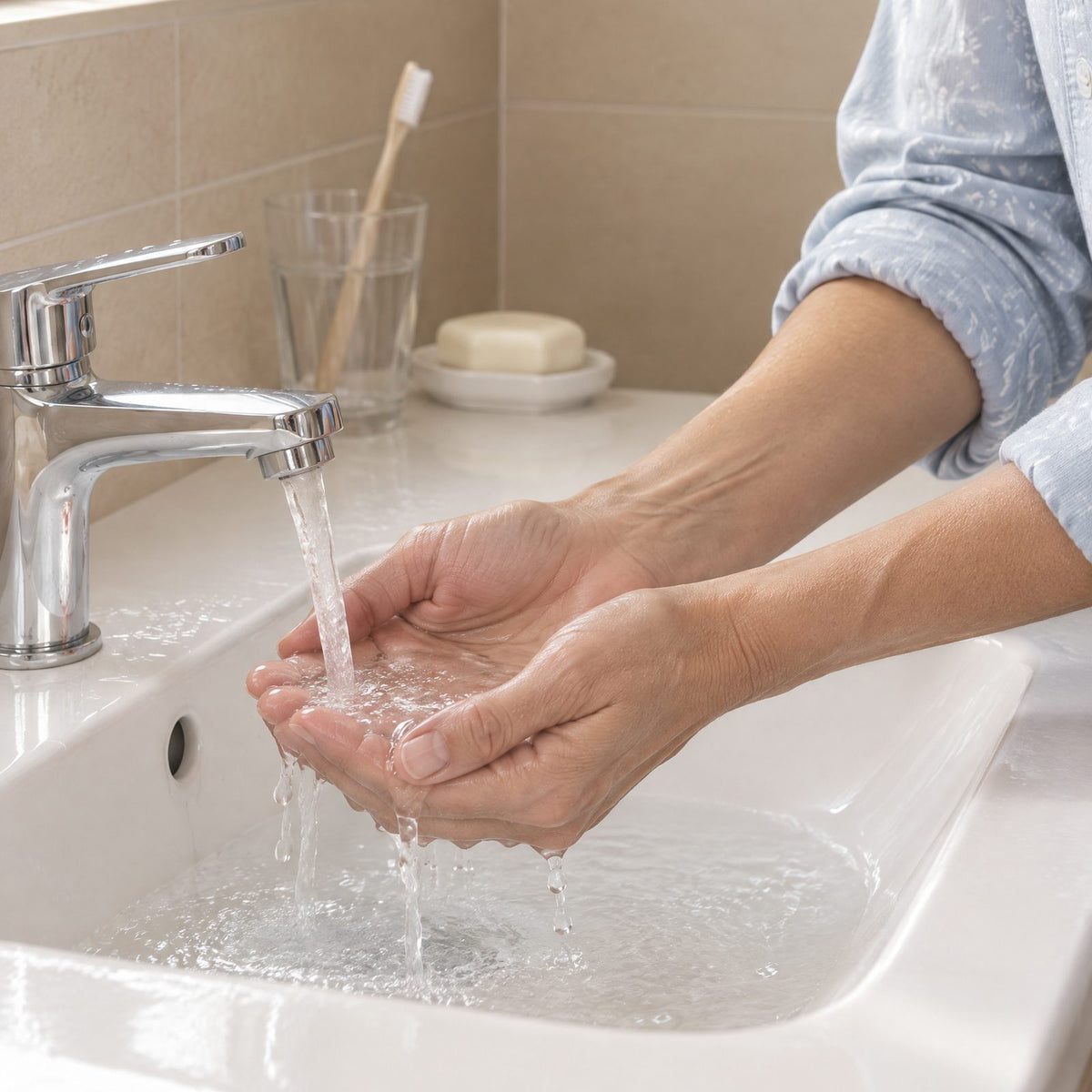 Sus manos en cuenco bajo el grifo de agua fría, en el lavabo blanco de su baño