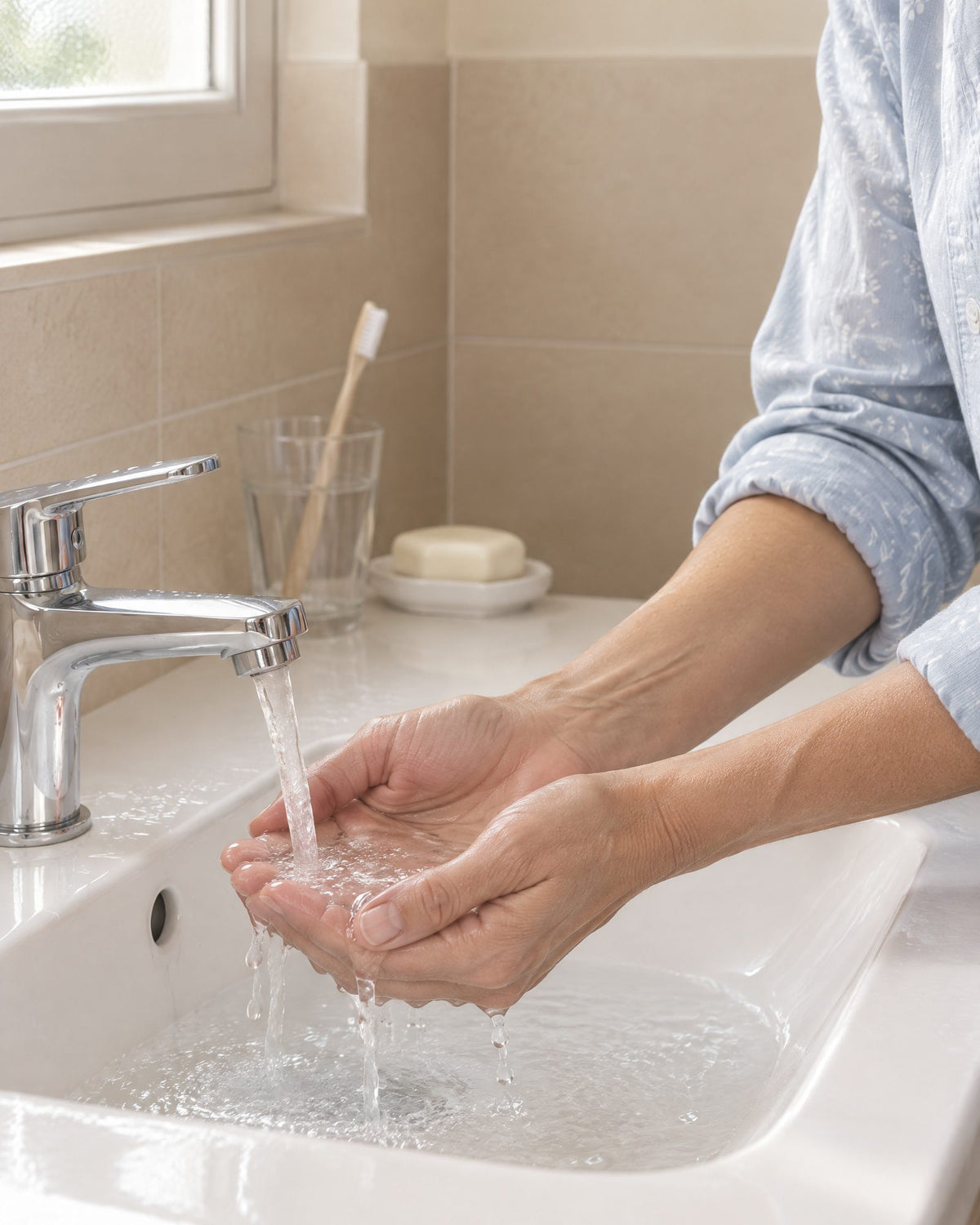 Sus manos en cuenco bajo el grifo de agua fría, en el lavabo blanco de su baño