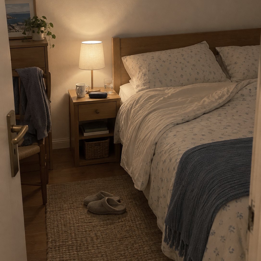 Su dormitorio de noche visto desde la puerta: la cama abierta en su lado, la lámpara de la mesilla encendida, con una taza, un vaso de agua y un estuche oscuro, y sus zapatillas en la alfombra