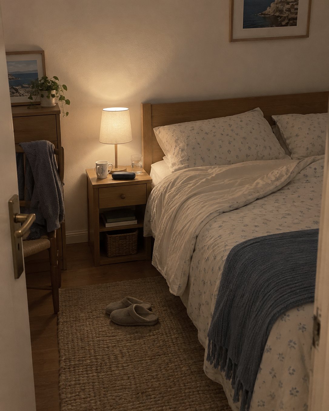 Su dormitorio de noche visto desde la puerta: la cama abierta en su lado, la lámpara de la mesilla encendida, con una taza, un vaso de agua y un estuche oscuro, y sus zapatillas en la alfombra
