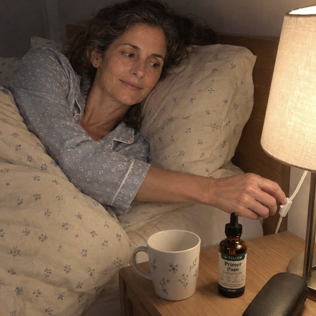 Mujer de unos 50 en pijama azul, acostada en su cama, alarga la mano al interruptor de la lámpara para apagarla; en la mesilla, la taza vacía, el frasco de VELCEM Gotas Primer Paso cerrado y el estuche de las gafas