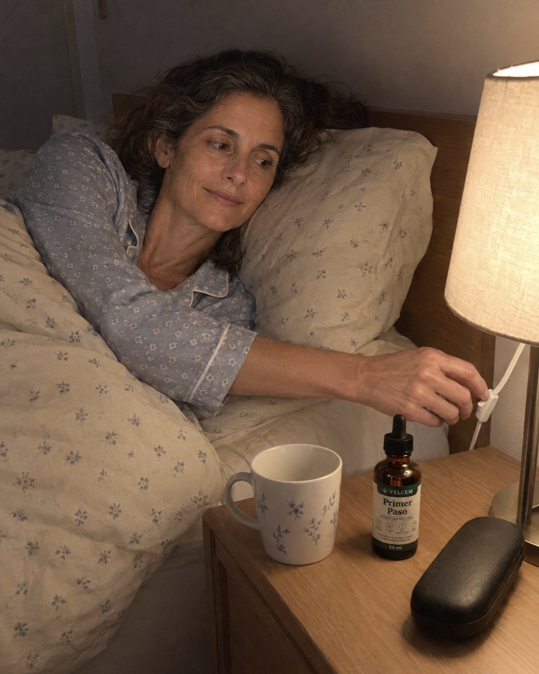 Mujer de unos 50 en pijama azul, acostada en su cama, alarga la mano al interruptor de la lámpara para apagarla; en la mesilla, la taza vacía, el frasco de VELCEM Gotas Primer Paso cerrado y el estuche de las gafas