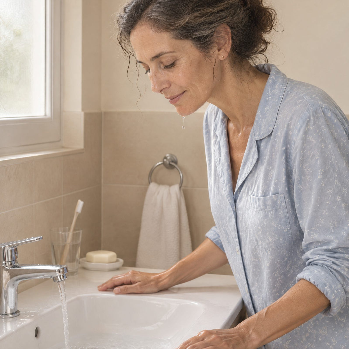 Mujer de unos 50 en pijama se inclina sobre el lavabo con la cara recién mojada y el grifo abierto