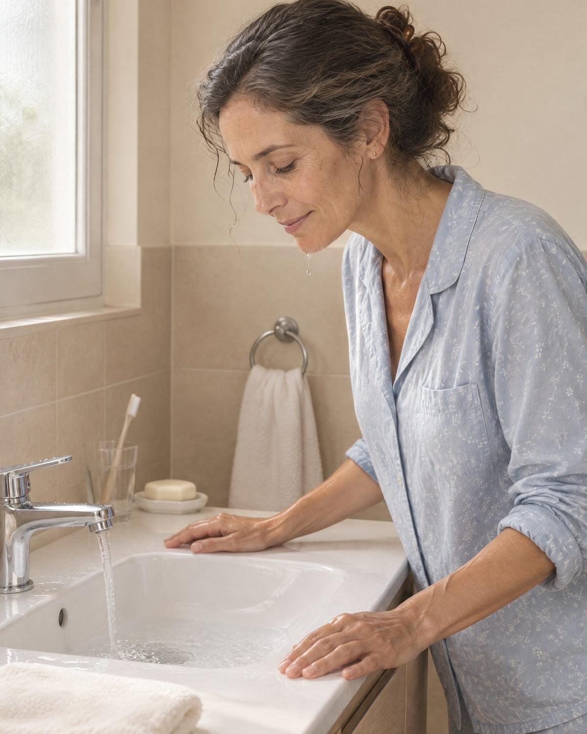 Mujer de unos 50 en pijama, apoyada en el lavabo de su baño por la mañana, con la cara recién mojada