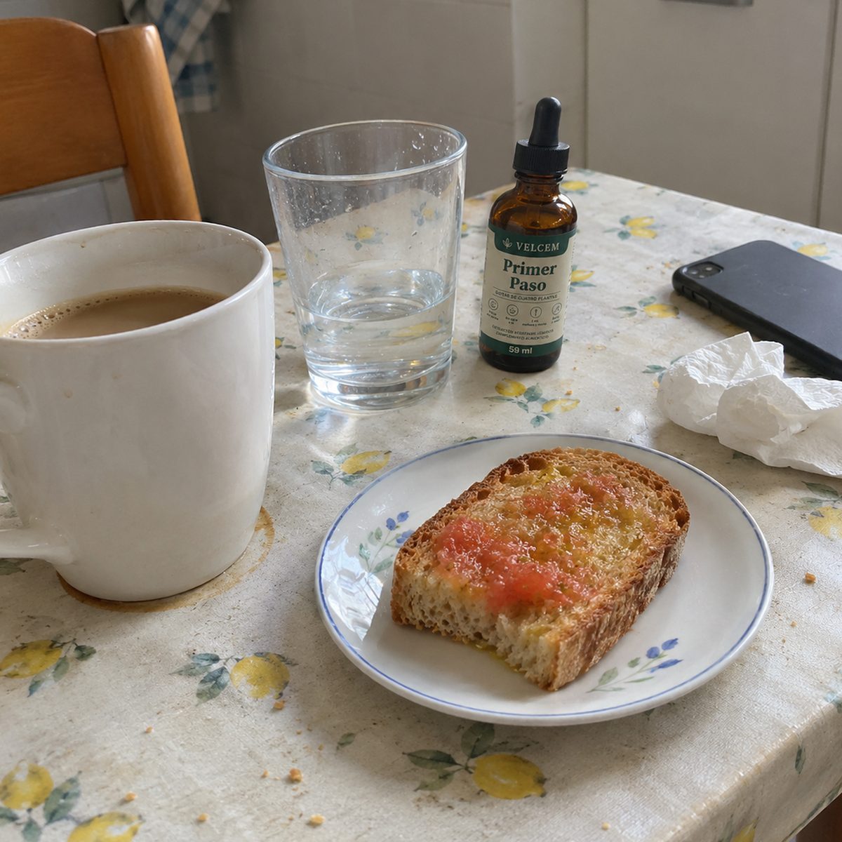 Foto de móvil de un desayuno en la mesa de la cocina, con hule de limones: un tazón de café con leche, una tostada con tomate, un vaso de agua con el frasco de VELCEM al lado, el móvil y una servilleta