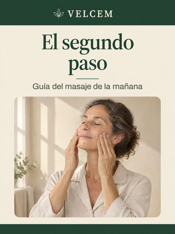 Portada de la guía El segundo paso: guía del masaje de la mañana, con una mujer que se da el masaje con las yemas en las mejillas