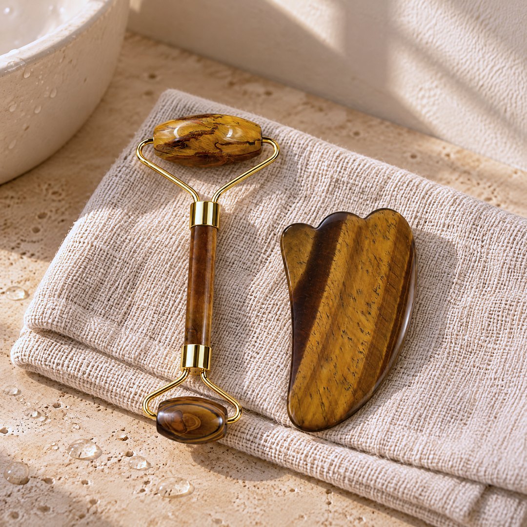 Rodillo liso y gua sha de piedra ojo de tigre