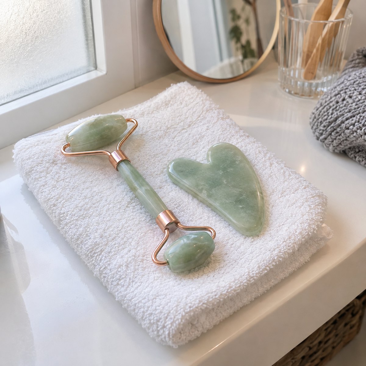 Rodillo facial y gua sha de piedra verde sobre una toalla en la repisa del baño